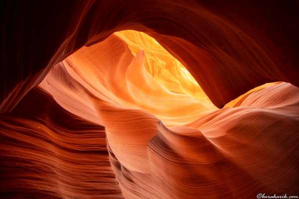 Page, Arizona'daki Lower Antelope Canyon içinde, sıcak turuncu ve kırmızı renklerdeki muhteşem dalga benzeri kumtaşı oluşumları.