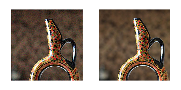 Farklı ISO ayarlarında görüntü gürültüsünün yan yana karşılaştırması - ISO 12800'de grenli düşük kalite ile ISO 100'de temiz keskin detay