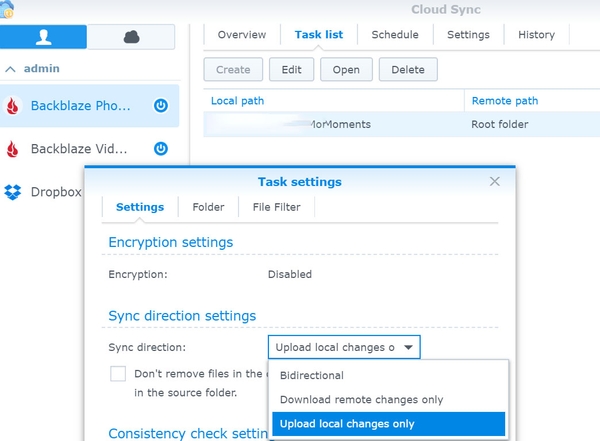 Synology Cloud Sync application settings for automatic backup to Backblaze cloud storage