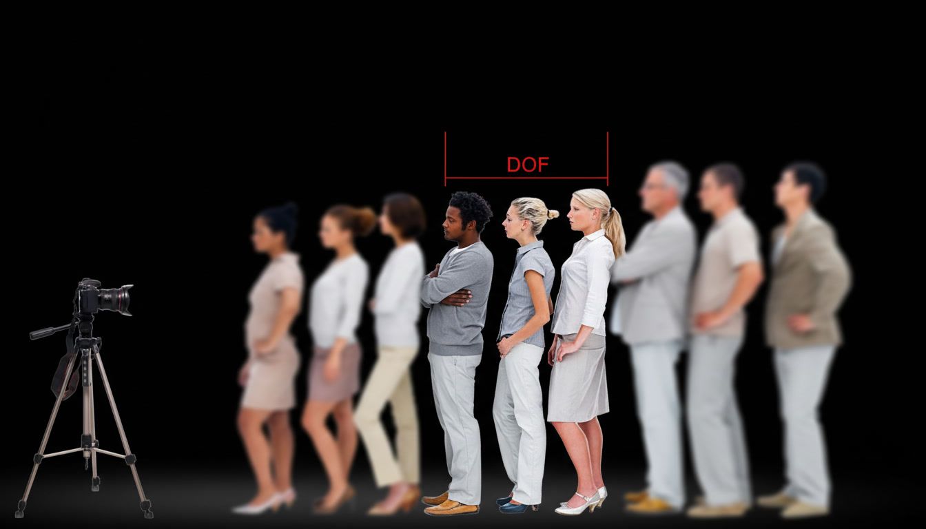 Depth of field demonstration showing people at different distances from camera with only middle subjects in sharp focus