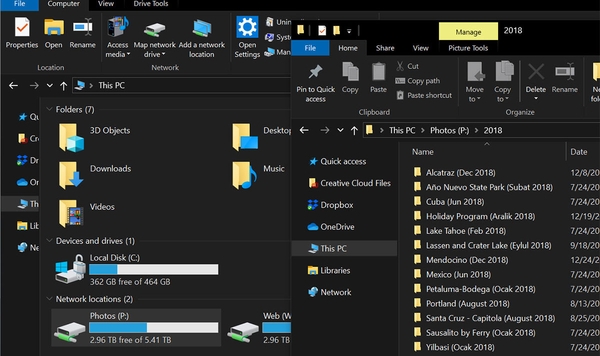 Windows File Explorer showing NAS photo archive mounted as P: network drive