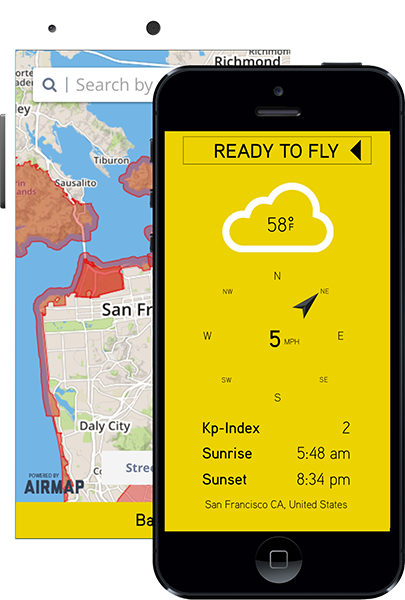Hover mobil uygulaması, ABD hava sahasındaki etkileşimli harita üzerinde yasal drone uçuş bölgelerini gösteriyor.