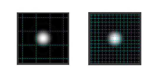 Airy disk'in piksel boyutuna göre yan yana karşılaştırması - büyük piksellerin tam detayı yakalarken, airy disk piksel alanını aştığında küçük piksellerin detay kaybettiğini gösteriyor