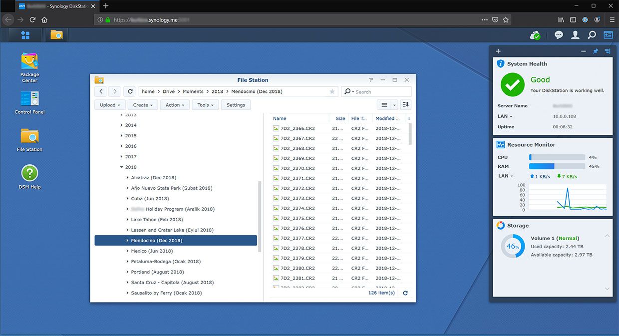 Synology DSM web-based management interface for configuring NAS services and storage