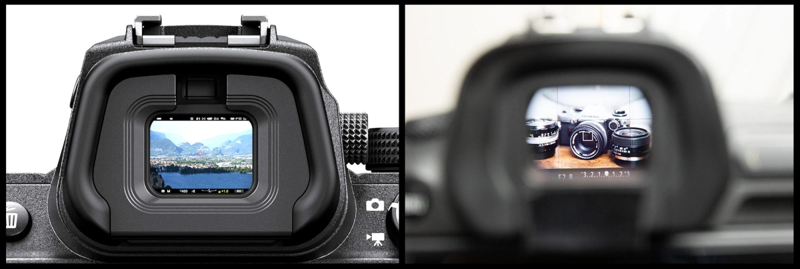 Elektronik Vizör (EVF) ve Optik Vizör (OVF) arasındaki yan yana karşılaştırma, aynasız ve DSLR kameralar arasındaki görsel farkları göstermektedir.