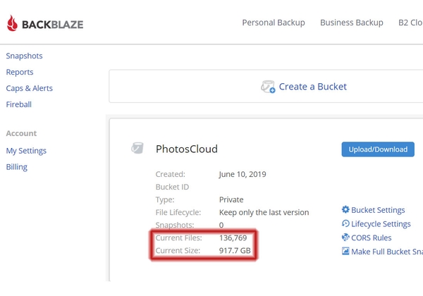 Backblaze B2 cloud storage interface showing backed up photo archive with 130,000+ photos
