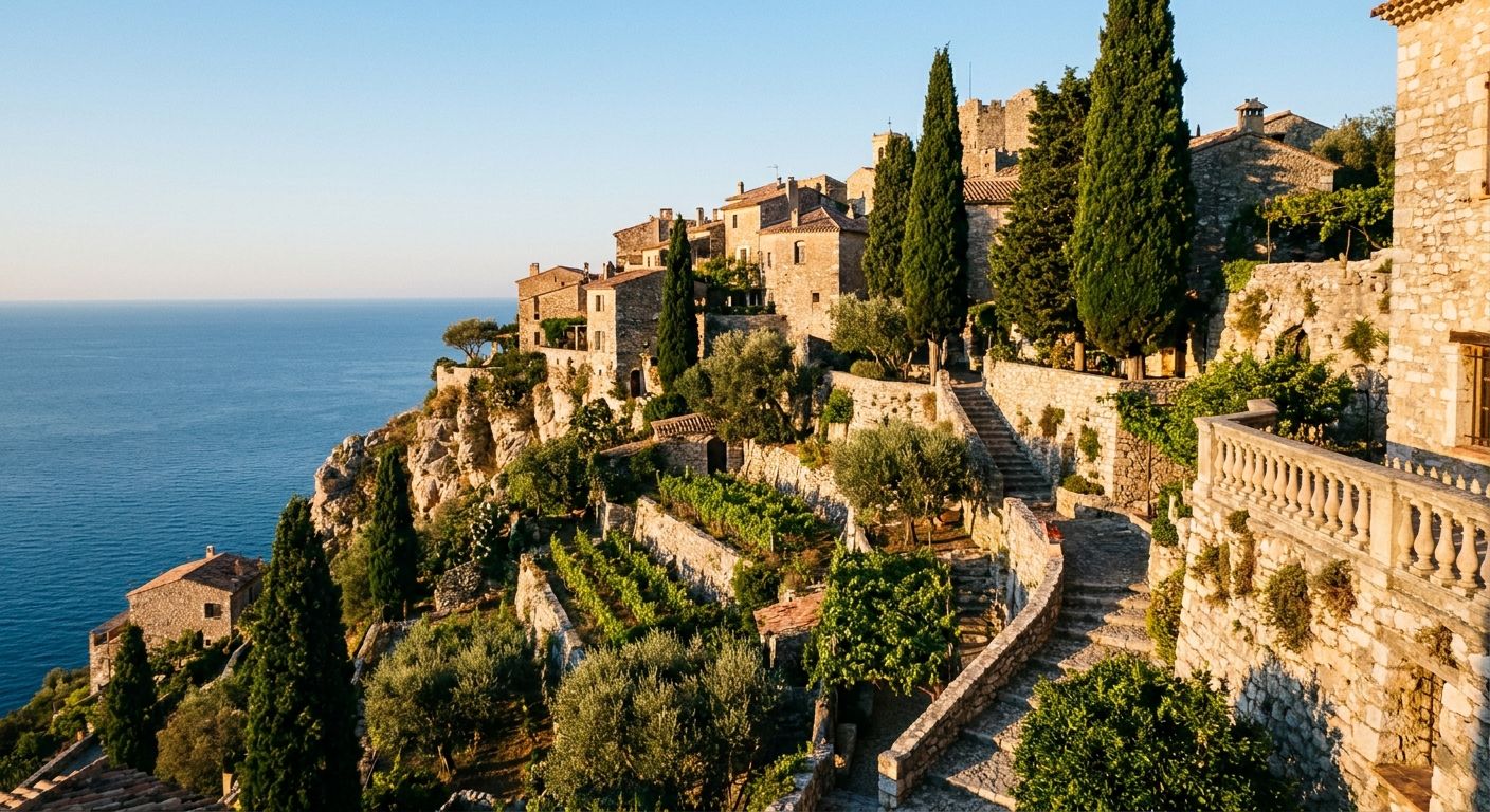 [AI-GENERATED] Synthetic image of a Mediterranean clifftop village, produced for comparison and not a photograph