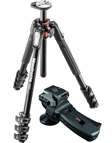 Manfrotto 190XPROB profesyonel tripod, düşük açılı fotoğrafçılık için yatay merkez koluna sahip 322RC2 joystick başlığı ile birlikte.