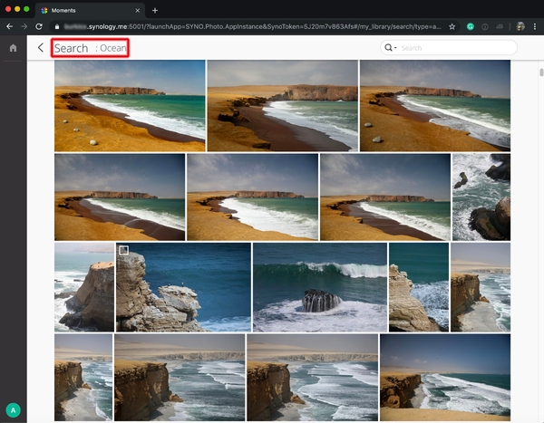 Synology Moments web interface showing AI-powered smart search for ocean photos