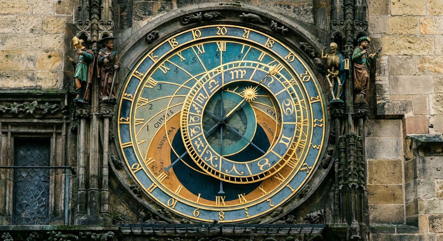 [AI-GENERATED] Synthetic image of an ornate astronomical clock, produced for comparison and not a photograph
