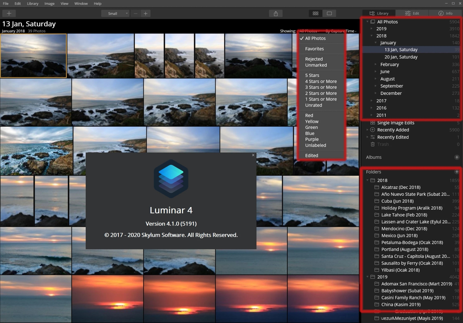 Skylum Luminar 4 library mode interface for browsing and organizing photo archive
