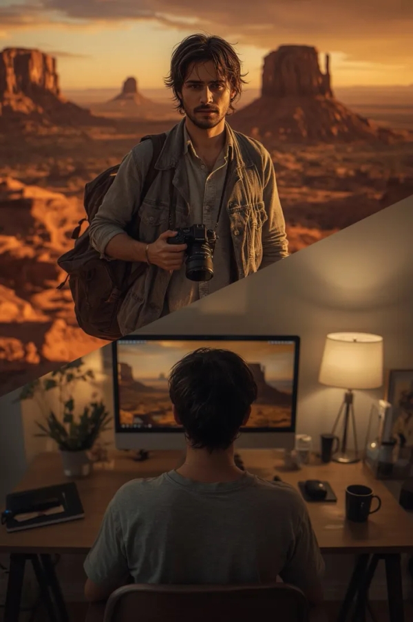 Monument Valley’de fotoğraf çeken bir seyahat fotoğrafçısı ile evde dizüstü bilgisayarından AI görseller üreten bir kişinin yan yana karşılaştırıldığı bir görsel.
