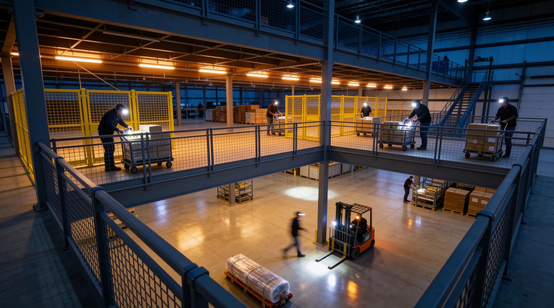 Evening-shift view of a large working warehouse mezzanine with wire-mesh guardrails, pickers working on two levels and warm lighting under the deck