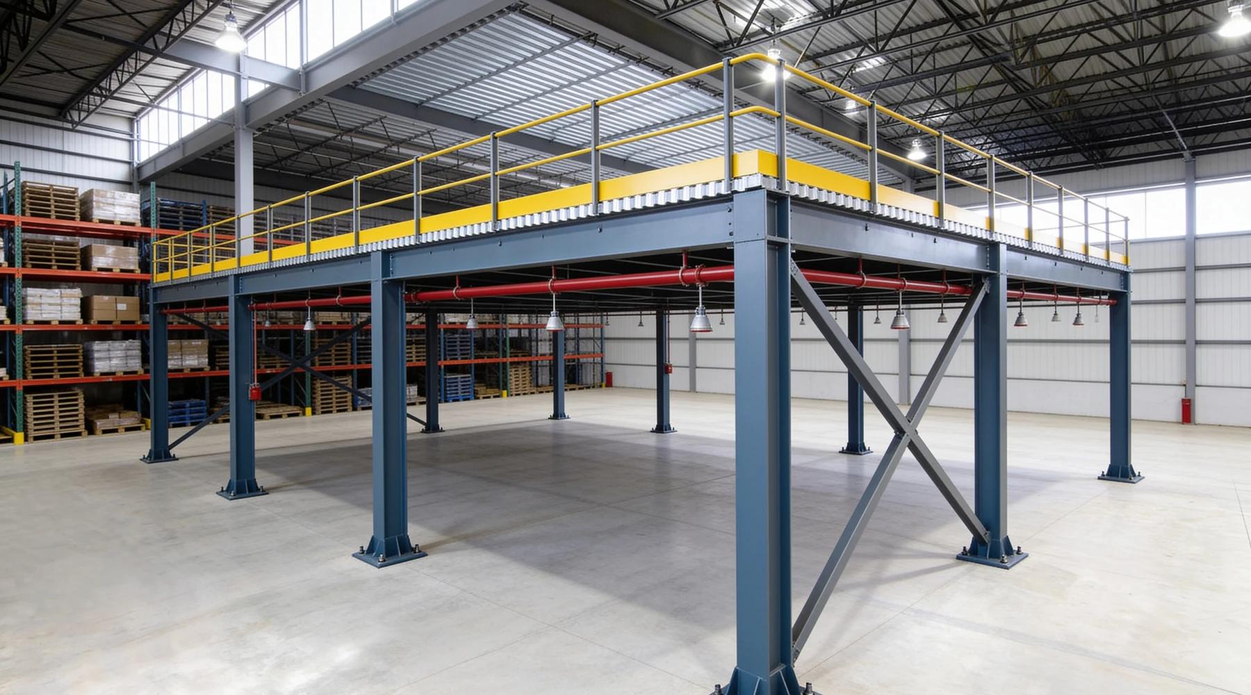 Free-standing steel mezzanine in a warehouse bay with pallet racks behind it: slate-blue square tube columns on bolted base plates with X-bracing, a deck edged with yellow guardrails, and red sprinkler pipe with pendant heads running beneath the deck
