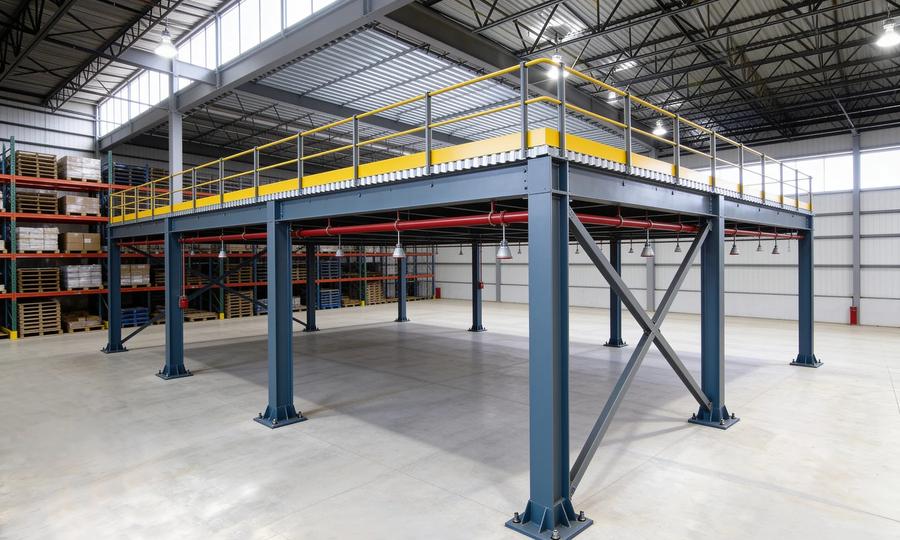 Free-standing steel mezzanine in a warehouse bay with pallet racks behind it: slate-blue square tube columns on bolted base plates with X-bracing, a deck edged with yellow guardrails, and red sprinkler pipe with pendant heads running beneath the deck