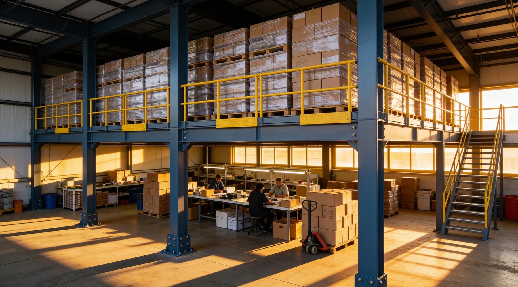 Fully utilized industrial mezzanine in warm afternoon light with pallet storage above and a busy packing area below