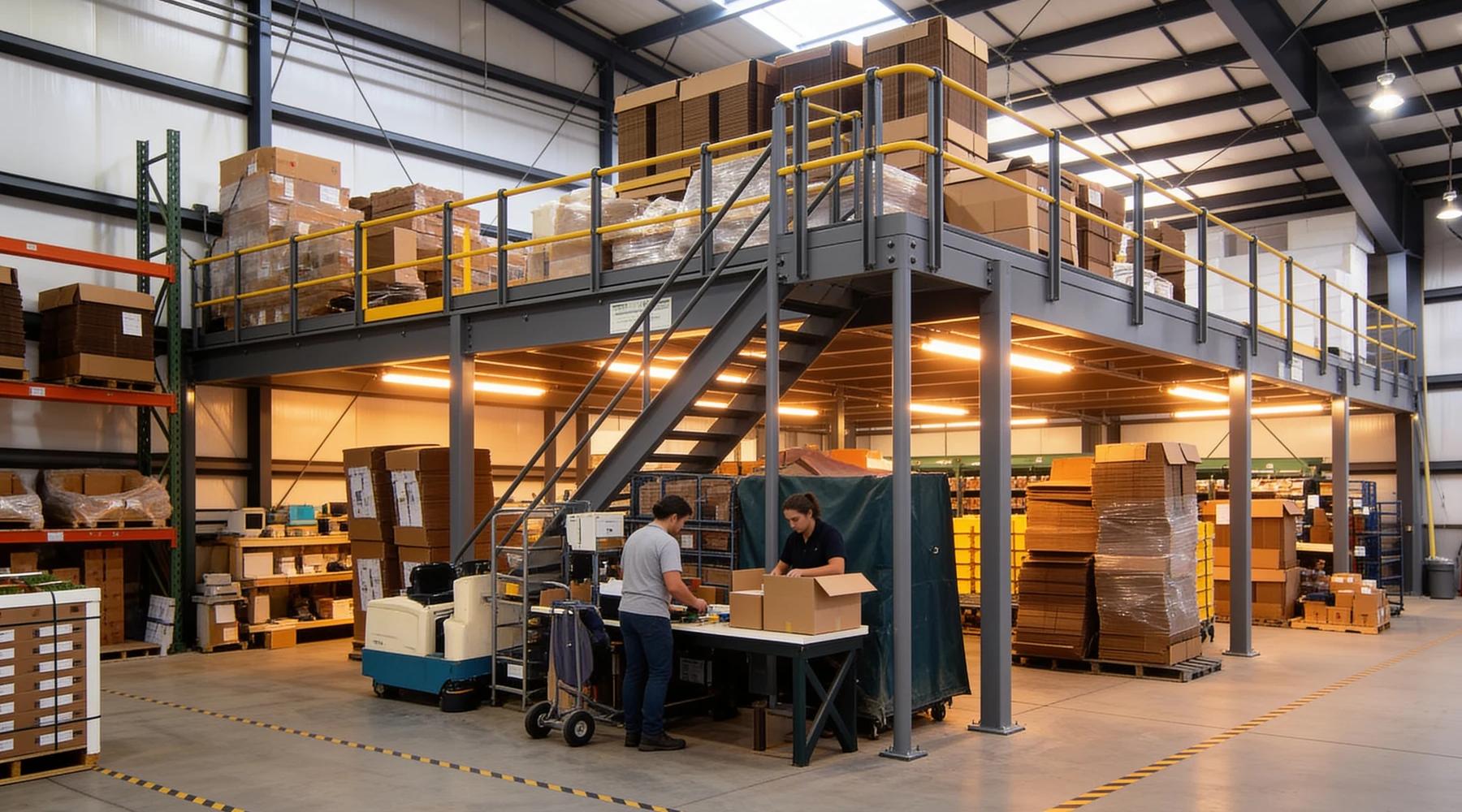 Mid-size free-standing steel mezzanine of about 2,000 square feet in a light-industrial building with storage above and a packing operation below