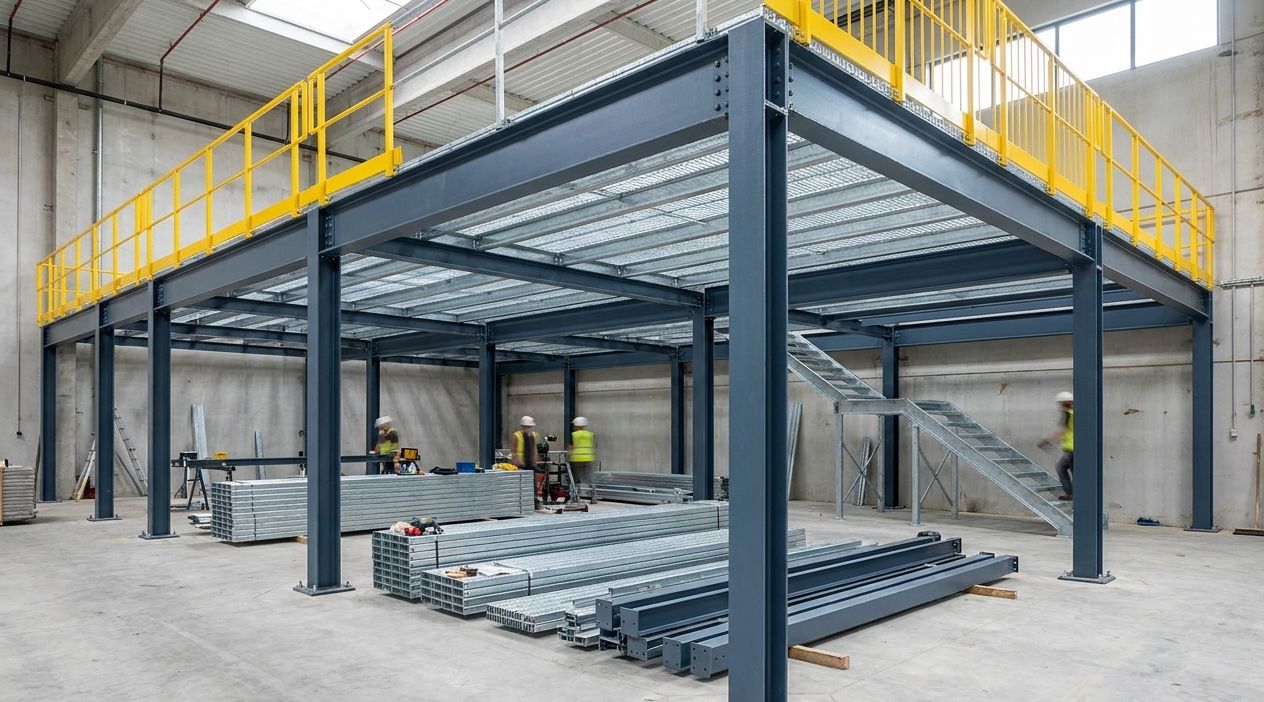 Wide interior shot of a partially-installed industrial steel mezzanine in a warehouse showing some structural columns and beams erected with additional steel members staged on the floor