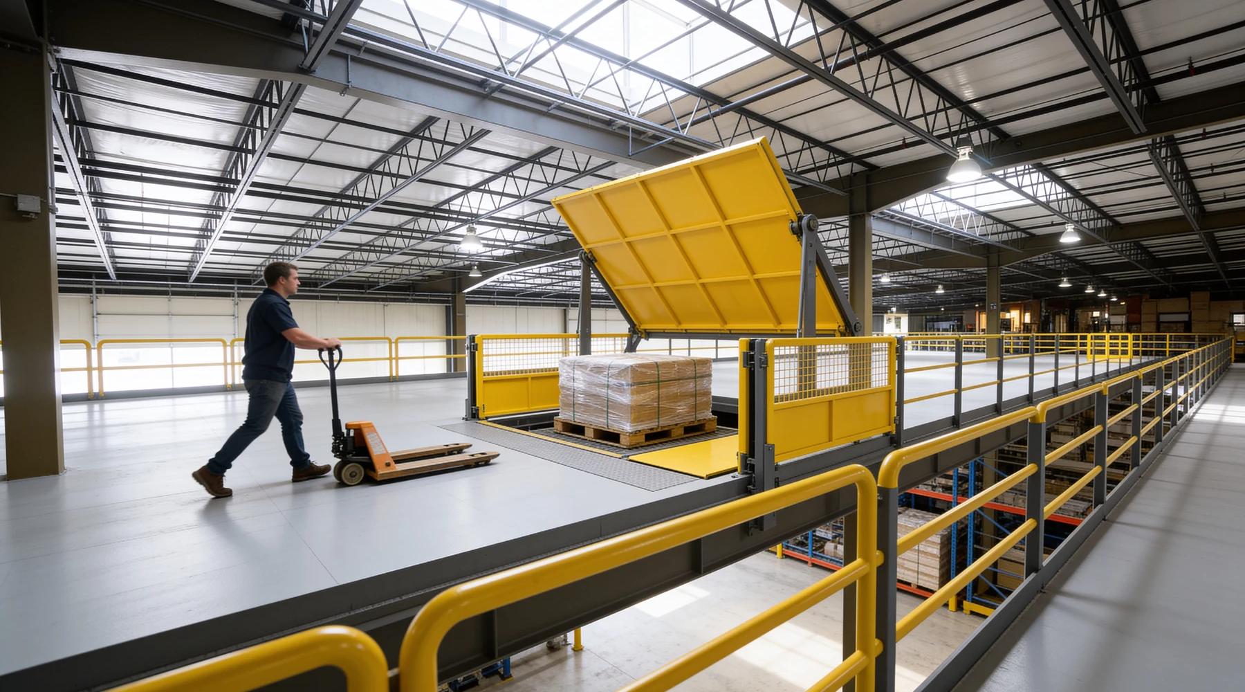 Safety-yellow dual-reciprocating pivot pallet gate in side profile with the outer barrier raised over a staged pallet
