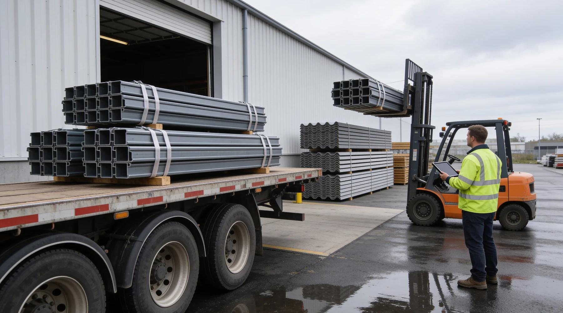 Flatbed trailer at a warehouse dock being unloaded of banded bundles of grey C-section mezzanine steel by a forklift
