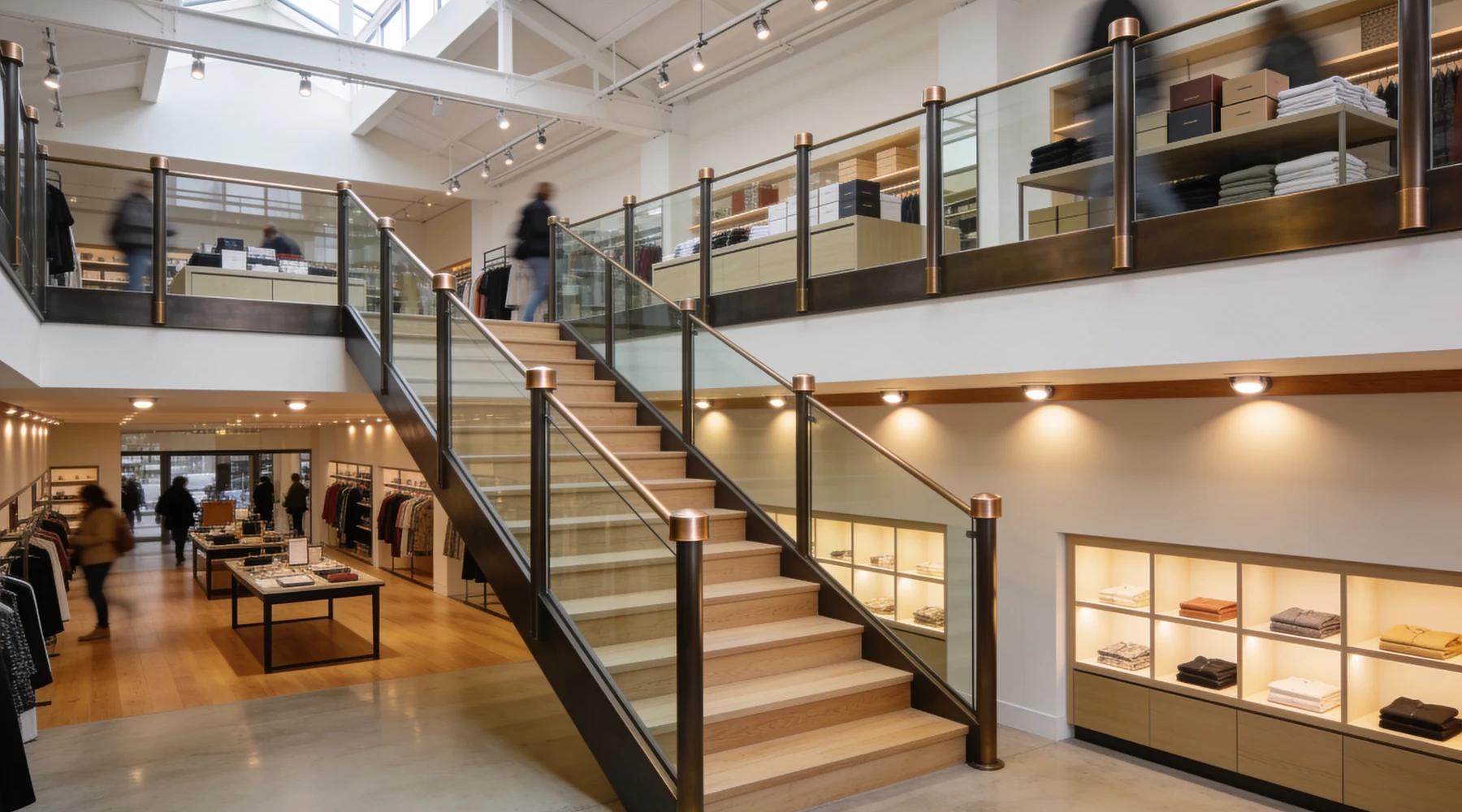 Two-level retail store interior seen from the sales floor: a mezzanine level edged with a clear-glass guardrail in slim bronze posts carries merchandise displays and shoppers, a wide oak staircase with a matching glass balustrade climbs to it, and recessed downlights in the mezzanine soffit light the display cases below