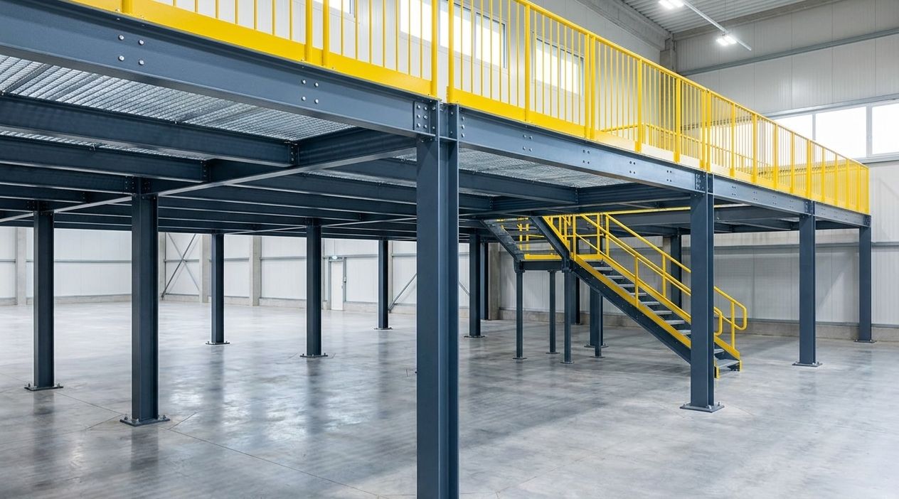 Wide interior shot of a freestanding industrial steel mezzanine with exposed structural columns and beams visible from below in warm directional lighting