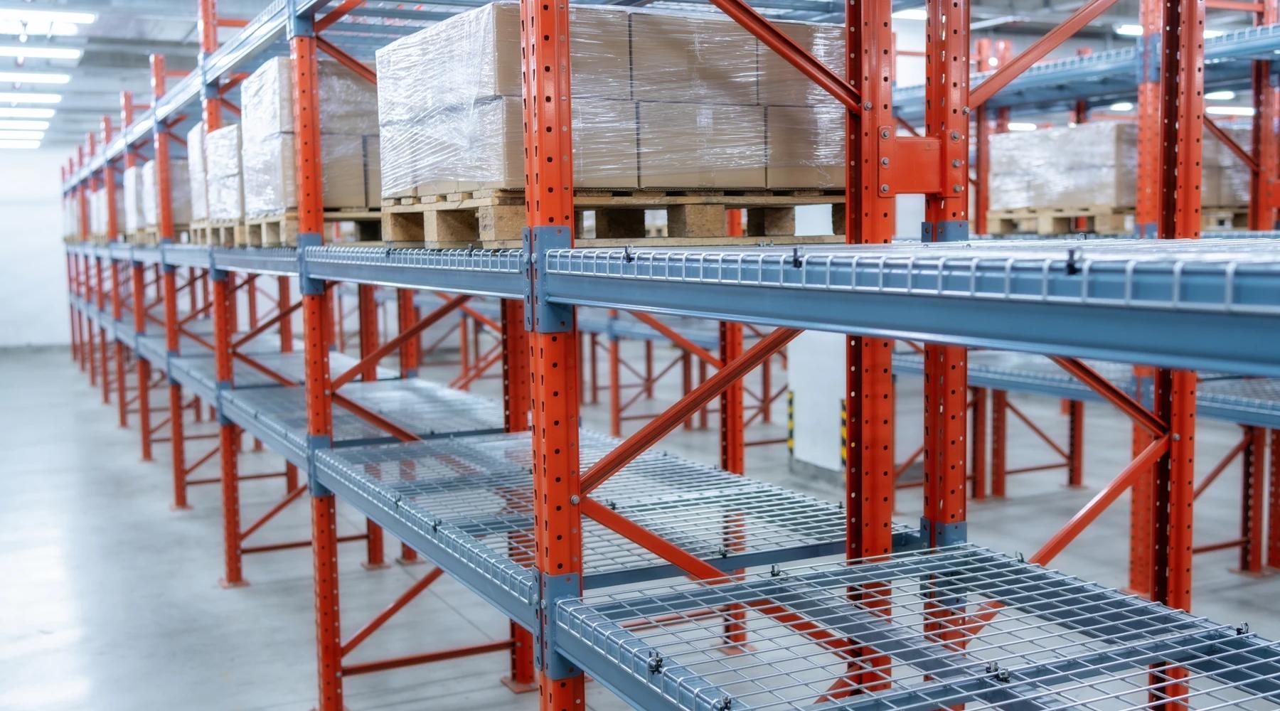 Bay of selective pallet racking with galvanized welded wire mesh decking laid across the beam levels, pallets of stretch-wrapped cartons stored on the upper decks