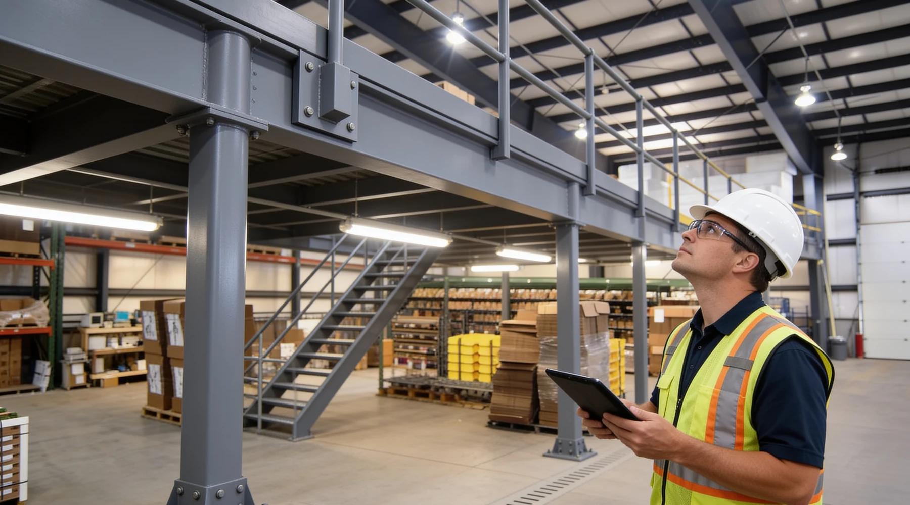 Building inspector with a tablet checking the guardrail and toe plate of a grey steel mezzanine during a code inspection