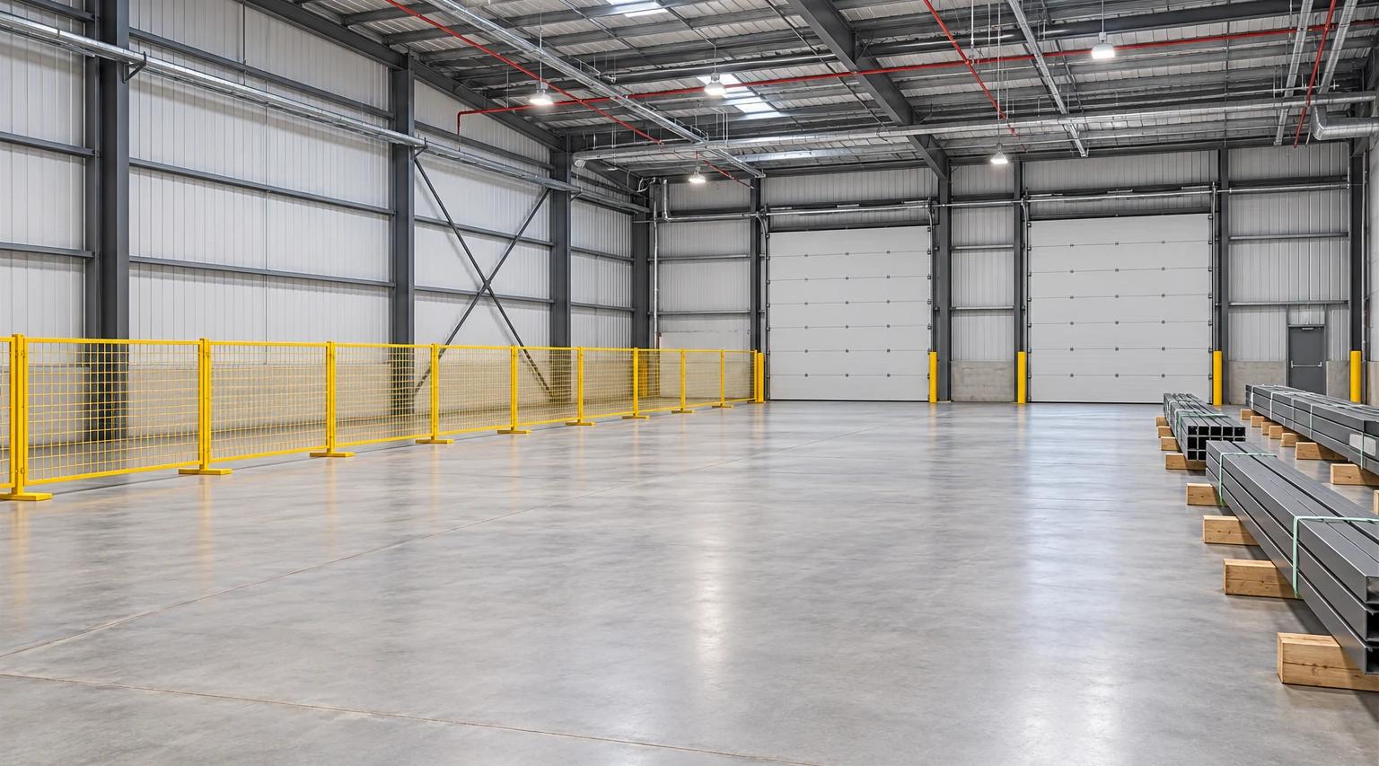 AI-generated concept illustration of a cleared warehouse installation area beside yellow barriers and staged steel members