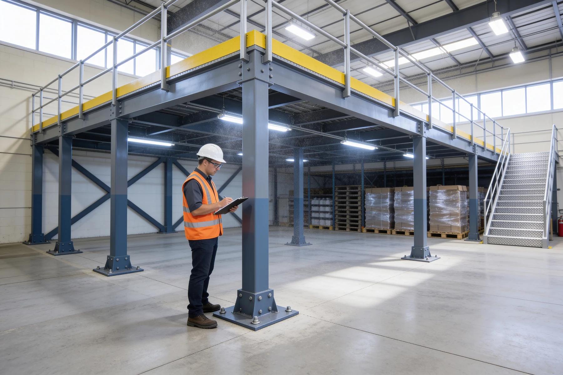 Safety inspector in a hi-vis vest and white hard hat standing at the base of a free-standing steel mezzanine column, examining the bolted base plate while holding a clipboard, with X-bracing and a yellow-edged deck overhead