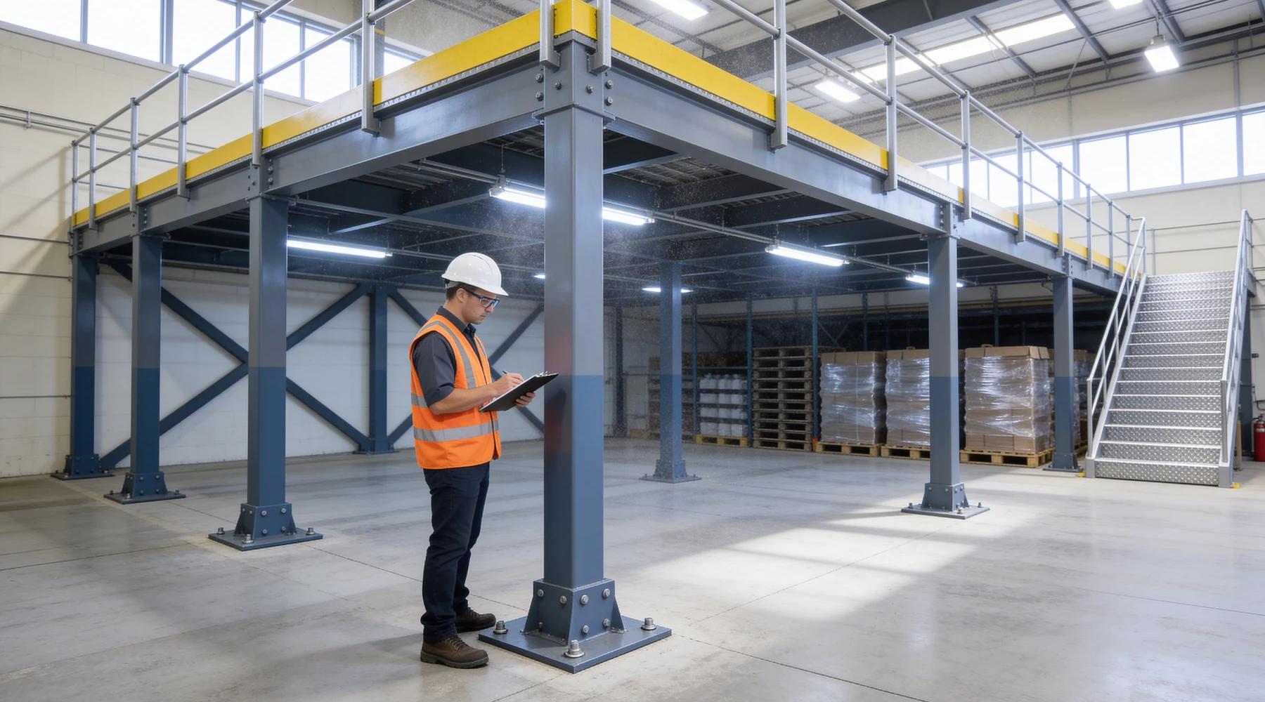 Safety inspector in a hi-vis vest and white hard hat standing at the base of a free-standing steel mezzanine column, examining the bolted base plate while holding a clipboard, with X-bracing and a yellow-edged deck overhead