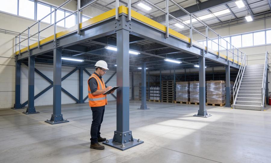 Safety inspector in a hi-vis vest and white hard hat standing at the base of a free-standing steel mezzanine column, examining the bolted base plate while holding a clipboard, with X-bracing and a yellow-edged deck overhead