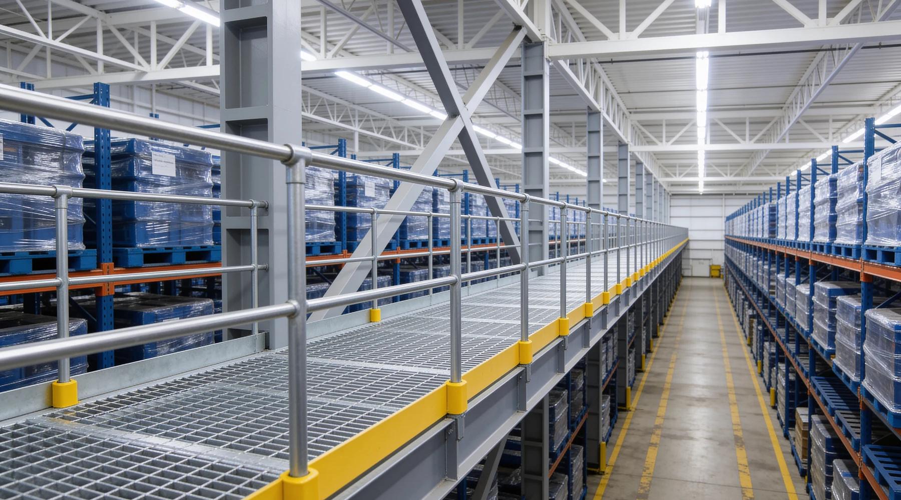 Elevated steel walkway with galvanized bar-grating decking, tubular guardrails and a safety-yellow toe plate running at rack height alongside loaded pallet racking above a warehouse aisle