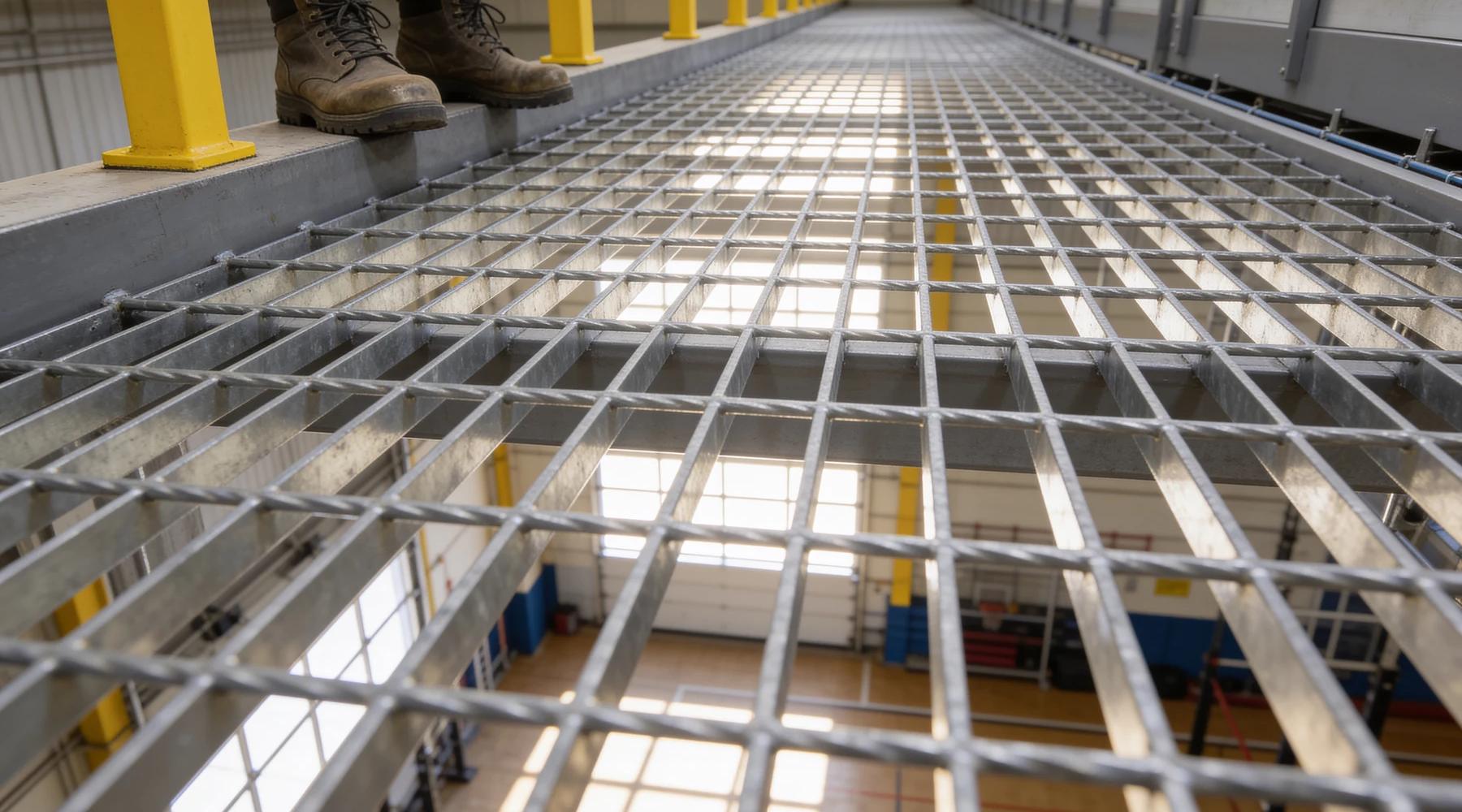 Galvanized steel bar-grating mezzanine deck surface in sharp perspective with daylight shining up through the open grid