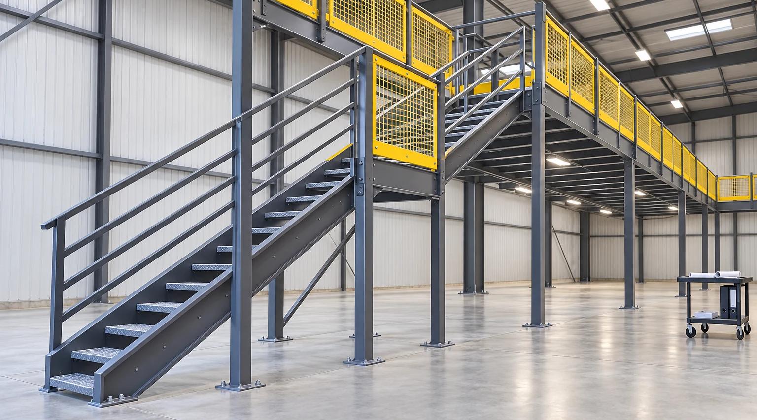AI-generated concept illustration of a grey industrial mezzanine with stairs, yellow mesh guards and a document cart in a clear warehouse bay