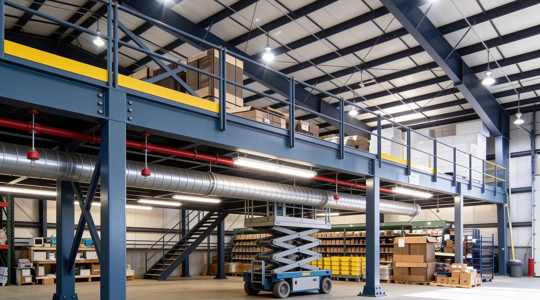 Slate-blue steel storage mezzanine with yellow guardrails in a bright warehouse, with red sprinkler pipes, silver spiral ductwork and linear light fixtures running under the deck and a scissor lift parked below