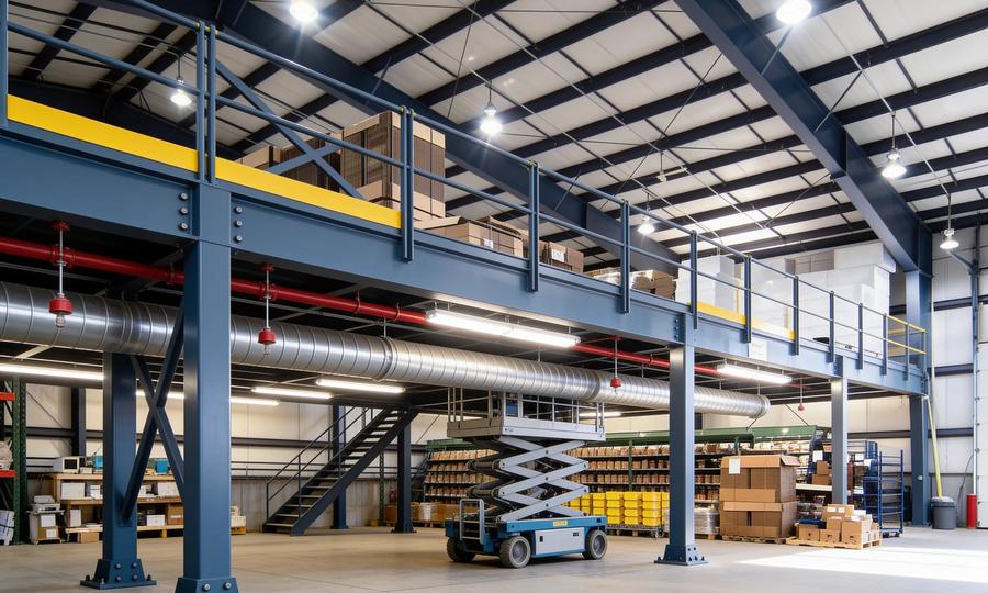 Slate-blue steel storage mezzanine with yellow guardrails in a bright warehouse, with red sprinkler pipes, silver spiral ductwork and linear light fixtures running under the deck and a scissor lift parked below