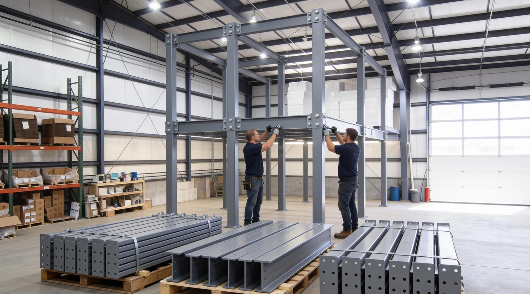 Flat-packed modular mezzanine components staged on pallets beside the partially assembled bolt-together structure