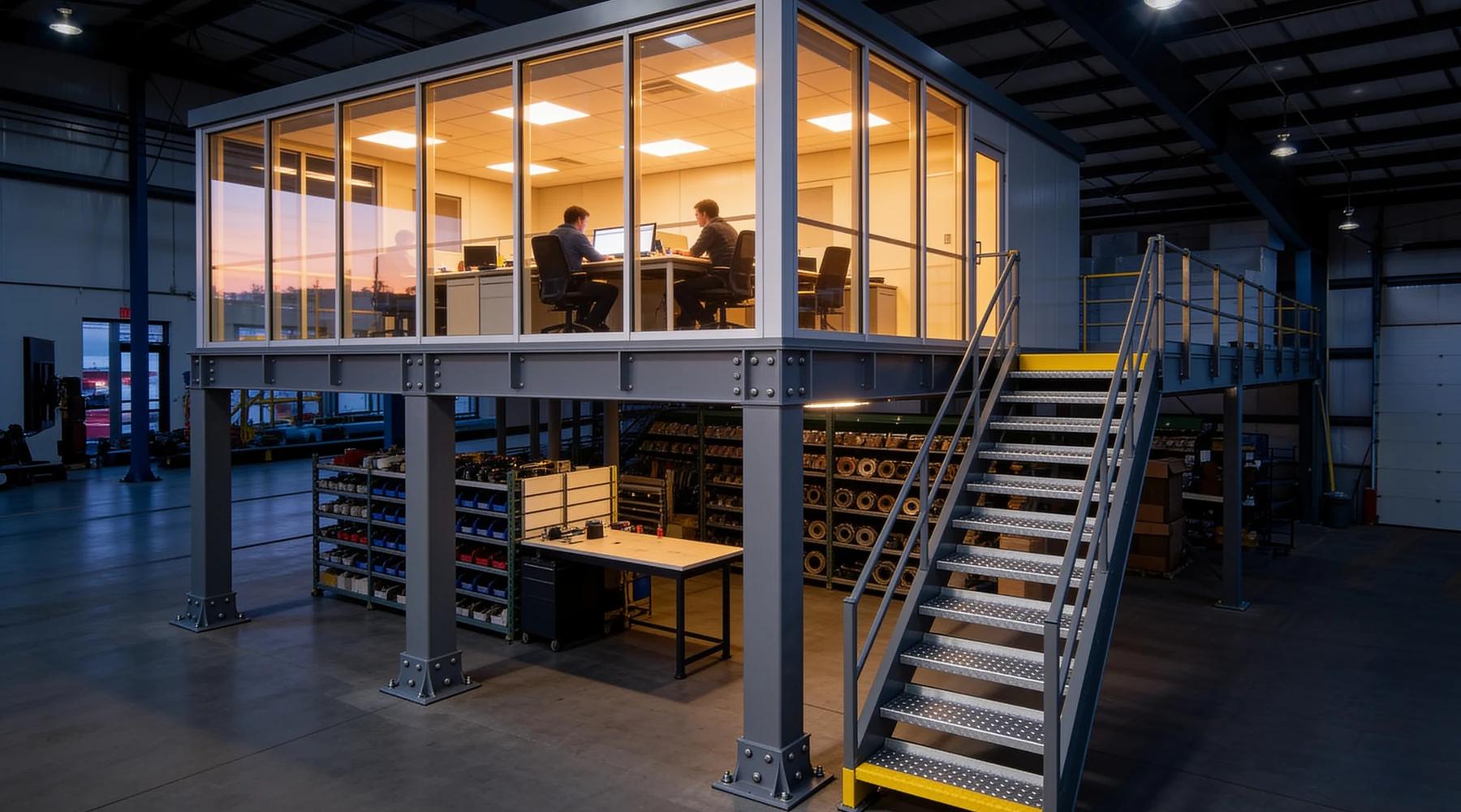Glass-walled modular office suite glowing warmly on top of a steel mezzanine deck inside a warehouse at dusk