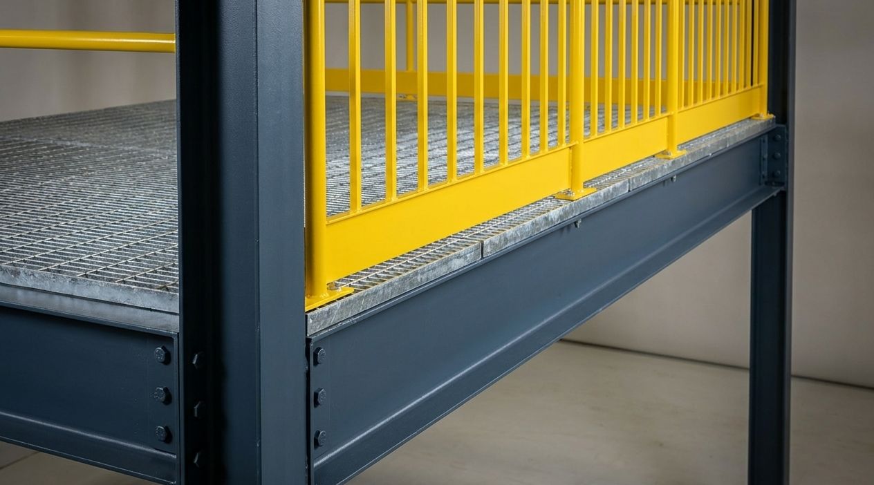 Close-up detail of an industrial mezzanine edge showing OSHA-compliant safety guardrails, vertical mid-rails, kick plates, and a self-closing yellow safety gate