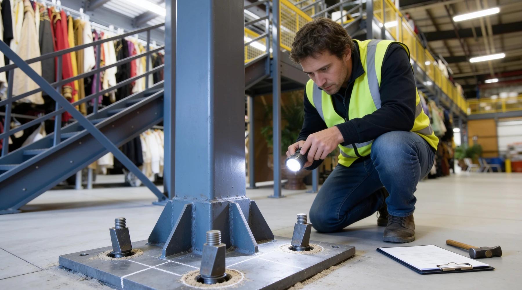 Structural engineer crouching to inspect a mezzanine column base plate anchored to a warehouse concrete slab