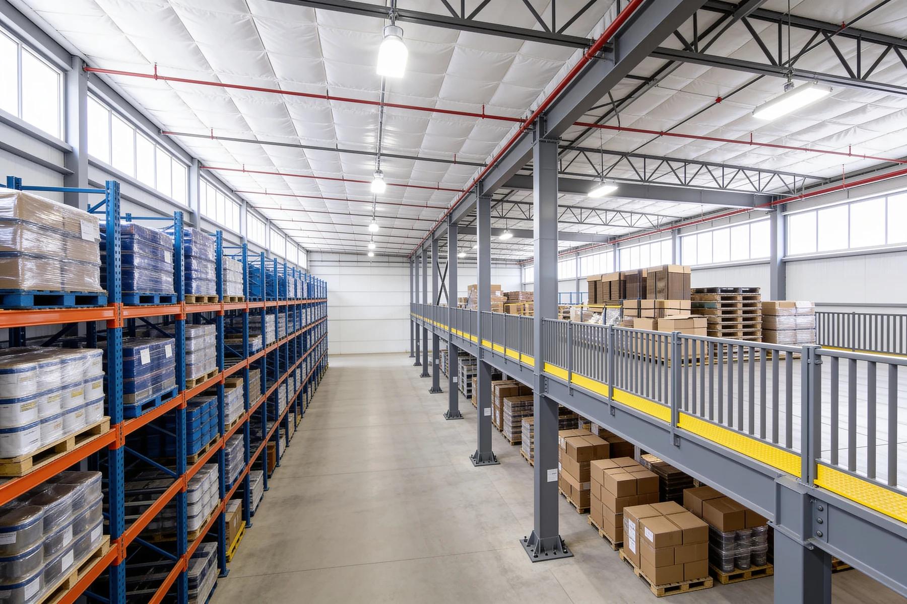 Warehouse interior with loaded blue and orange pallet racking down the left side and a grey steel storage mezzanine along the right, its deck edged with picket guardrails and yellow kick plates and carrying cartons and pallets, with more palletised cartons stored on the slab underneath