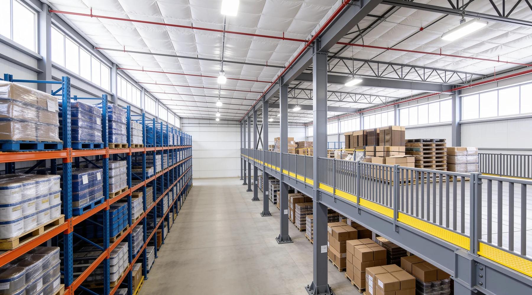 Warehouse interior with loaded blue and orange pallet racking down the left side and a grey steel storage mezzanine along the right, its deck edged with picket guardrails and yellow kick plates and carrying cartons and pallets, with more palletised cartons stored on the slab underneath