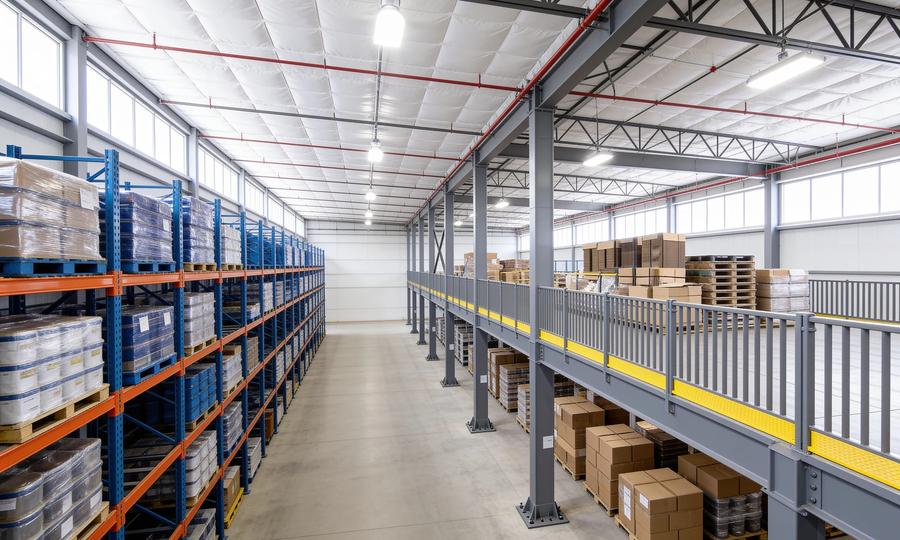 Warehouse interior with loaded blue and orange pallet racking down the left side and a grey steel storage mezzanine along the right, its deck edged with picket guardrails and yellow kick plates and carrying cartons and pallets, with more palletised cartons stored on the slab underneath