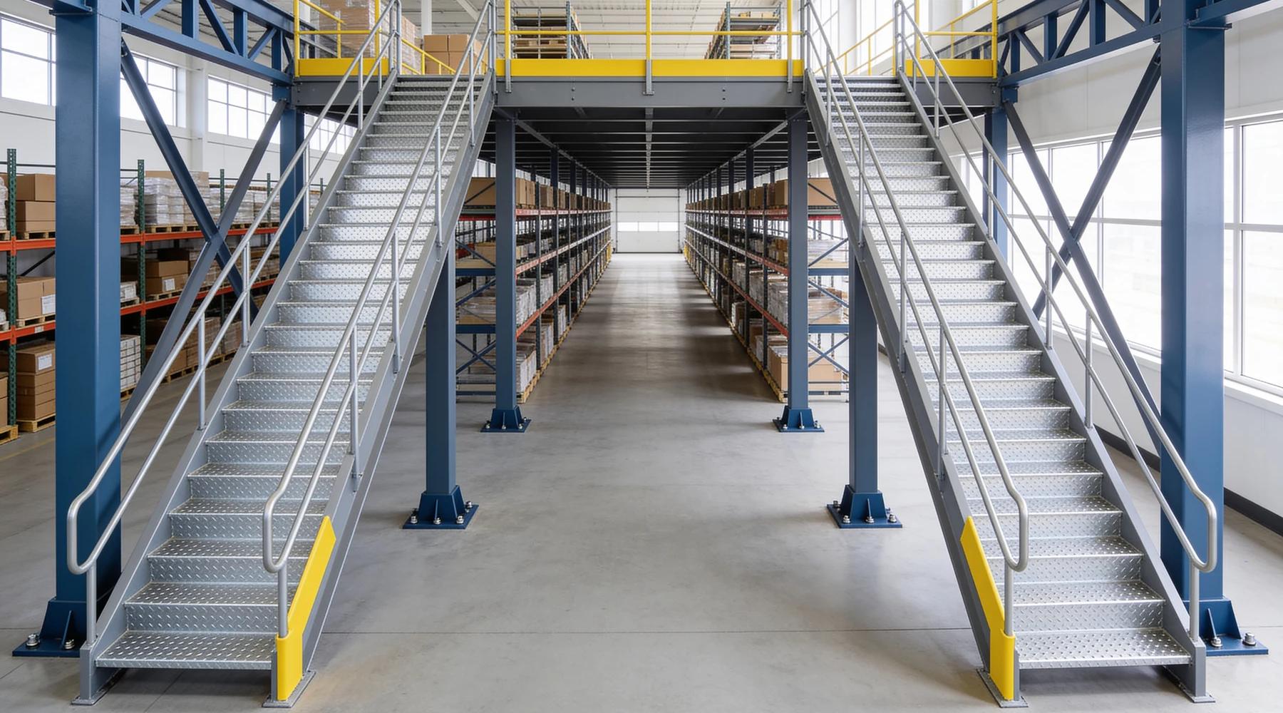 Slate-blue steel storage mezzanine in a bright warehouse with two galvanized steel stairways descending side by side from the front edge of the deck, yellow guardrails and kick plates, and shelving aisles under and beyond the platform