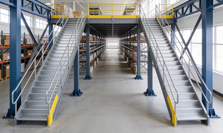 Slate-blue steel storage mezzanine in a bright warehouse with two galvanized steel stairways descending side by side from the front edge of the deck, yellow guardrails and kick plates, and shelving aisles under and beyond the platform