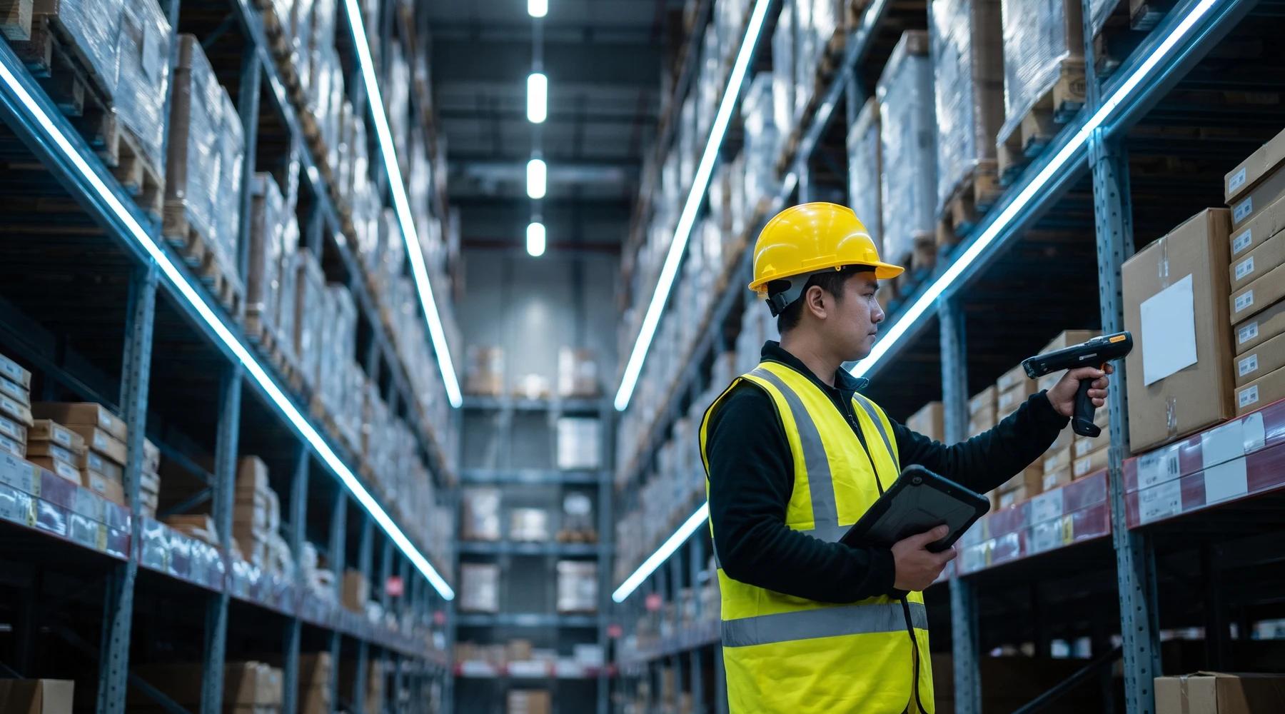 Warehouse operations analyst scanning inventory in a tall racking aisle, one-point perspective fading into depth