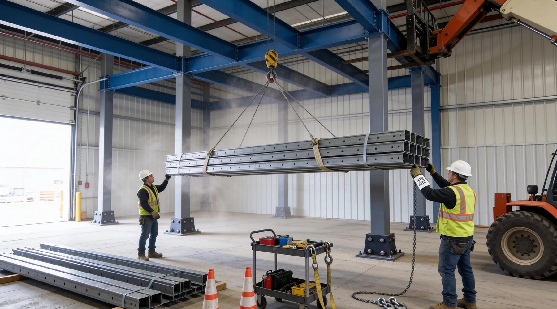 Telehandler lifting a bundle of steel joists toward a partially erected mezzanine while riggers in hi-vis guide the load