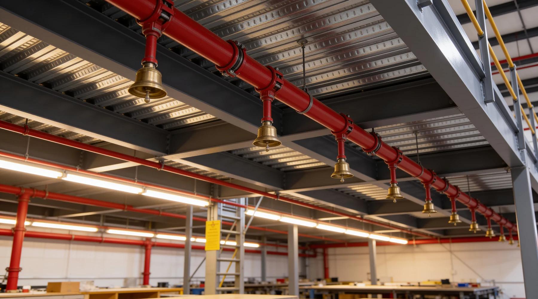 Red fire sprinkler branch piping with pendant heads installed below a steel mezzanine deck between C-section joists