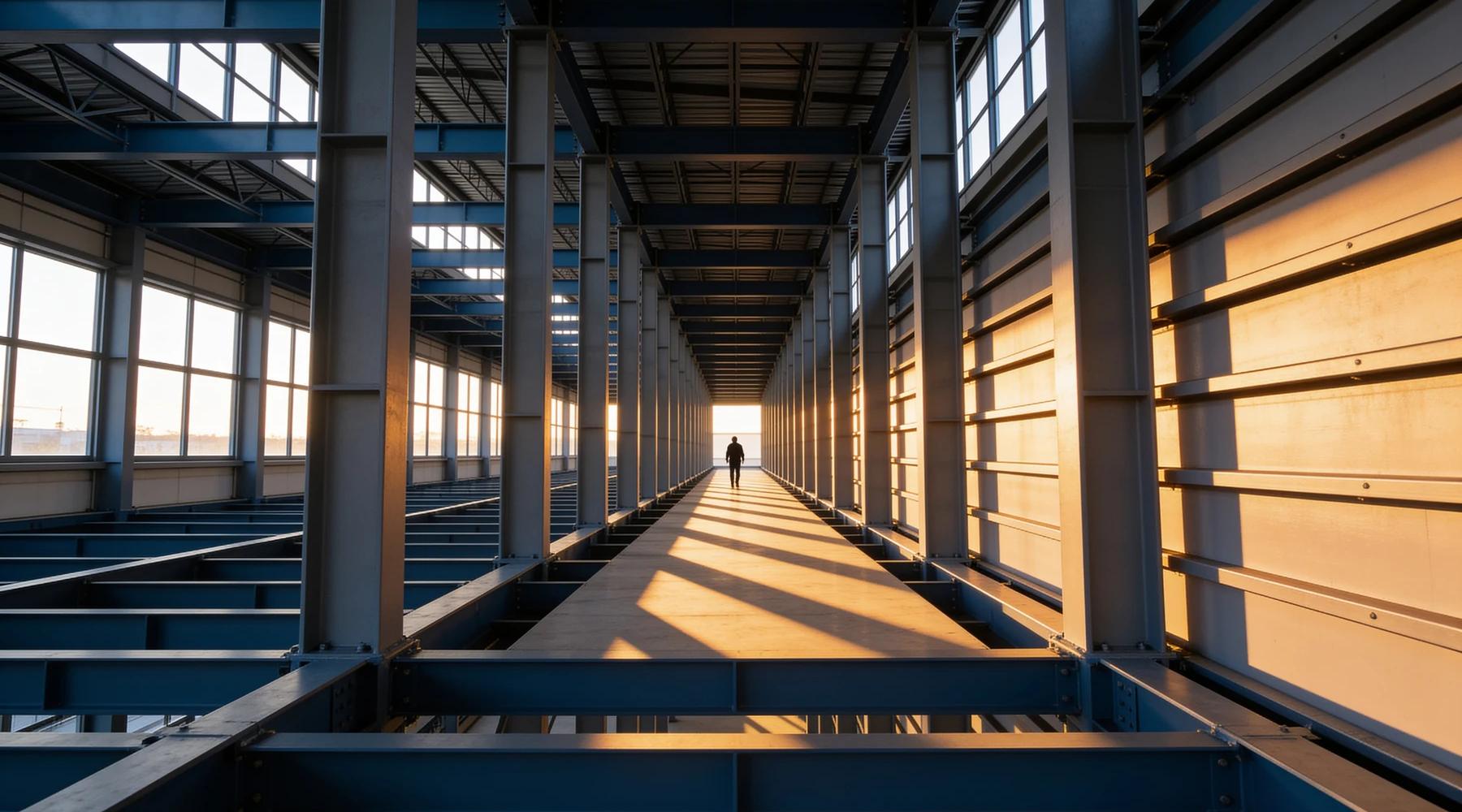Dramatic upward view inside a steel mezzanine structural grid with columns rising to beams in raking evening light